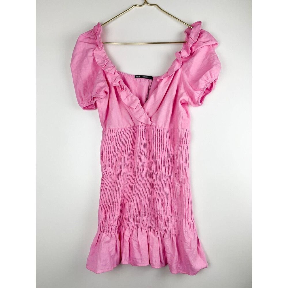 Zara Bubble Gum Pink Linen Blend Mini Dress Women’s Size Medium M Barbie - Picture 4 of 9